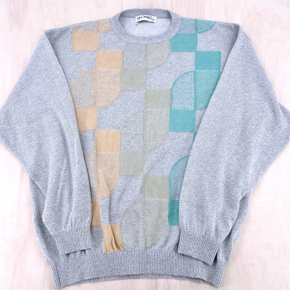Vintage St Croix Intarsia Knit Sweater Mens L Geometric Modernist Artwear 90s